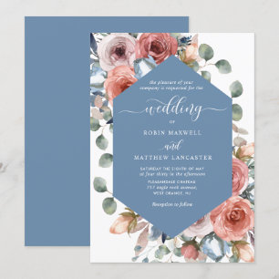 Invitación Elegante Boda floral azul turbulento