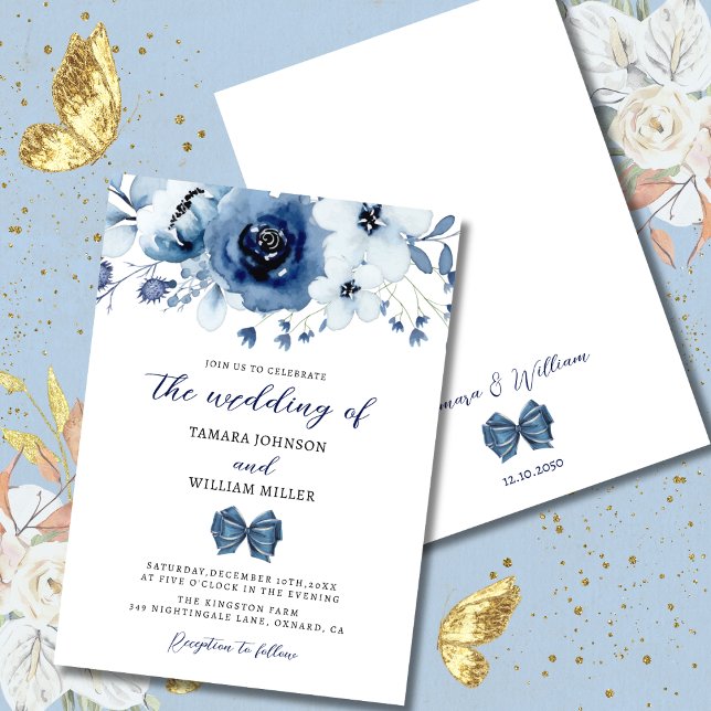 Invitación Elegante Boda floral azul turbulento de invierno (Subido por el creador)