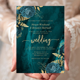 Invitación Elegante Boda Floral Azul Turquesa y Oro