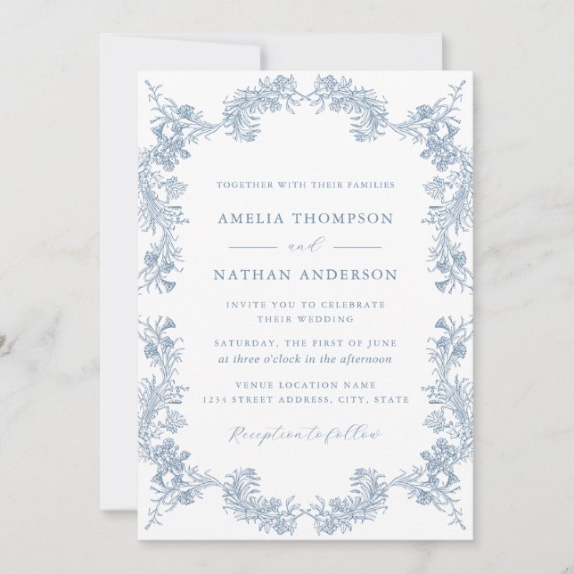 Invitación Elegante Boda floral azul vintage (Anverso)