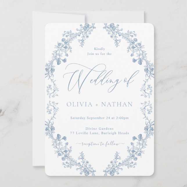 Invitación Elegante Boda floral azul vintage (Anverso)
