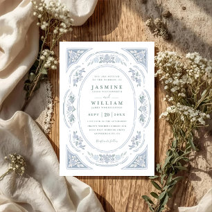 Invitación Elegante boda floral azul vintage chic código QR