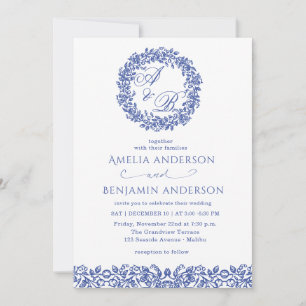 Invitación Elegante Boda Floral Azul Vintage Francés