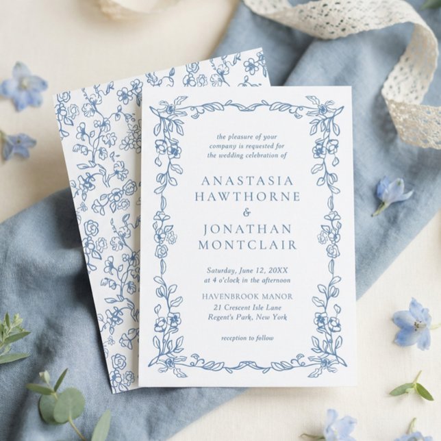 Invitación Elegante Boda floral azul vintage francés (Subido por el creador)