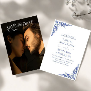 Invitación Elegante Boda Floral Azul Vintage Francés