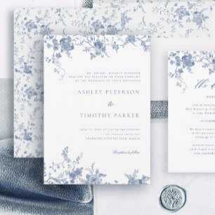 Invitación Elegante Boda floral azul vintage francés