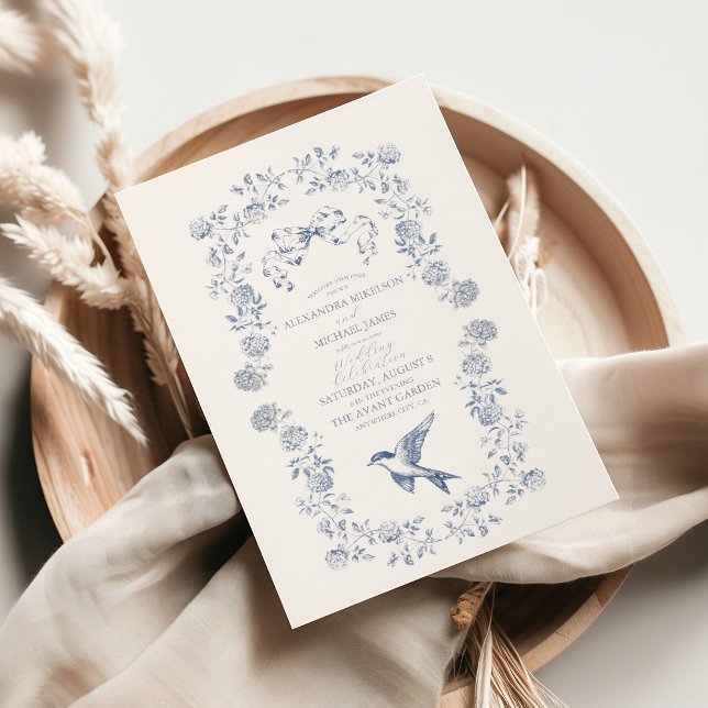 Invitación Elegante Boda floral azul vintage francés (Subido por el creador)