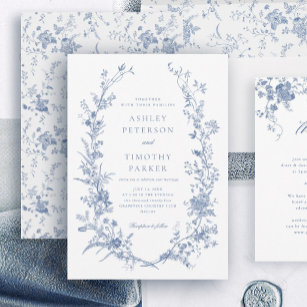 Invitación Elegante Boda floral azul vintage francés