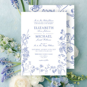 Invitación Elegante Boda floral azul vintage francés