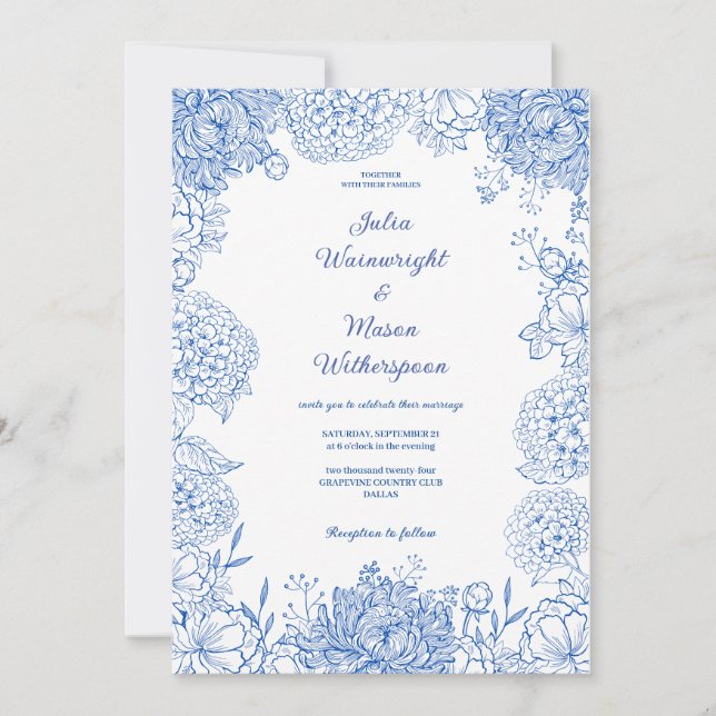 Invitación Elegante Boda Floral Azul Vintage Invitat (Anverso)