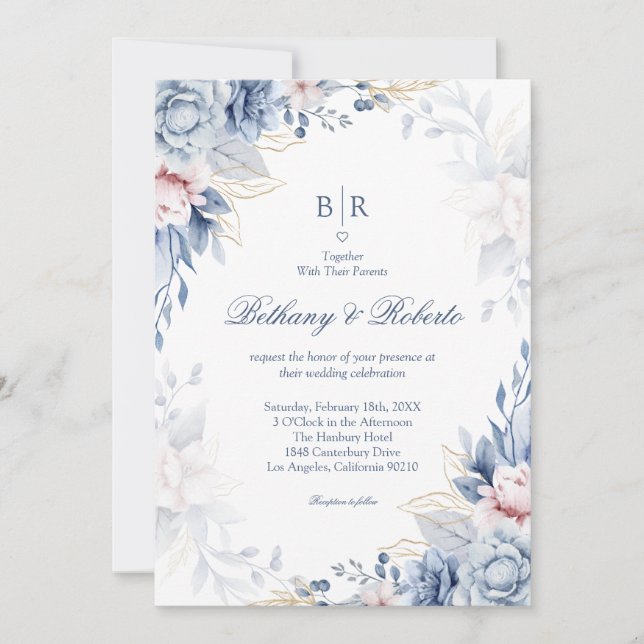 Invitación Elegante Boda floral azul y acuarela dorada (Anverso)
