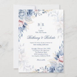Invitación Elegante Boda floral azul y acuarela dorada