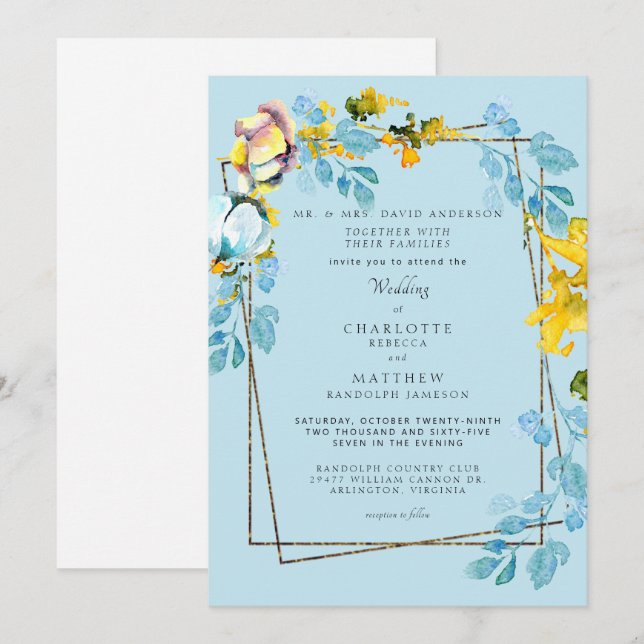 Invitación Elegante Boda floral azul y amarillo (Anverso / Reverso)
