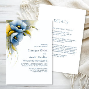 Invitación Elegante Boda Floral Azul y Amarillo Todo en Uno