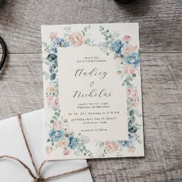 Invitación Elegante Boda floral azul y azul turbio