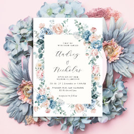Invitación Elegante Boda floral azul y azul turbio