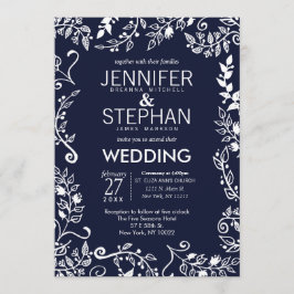 Invitación Elegante boda floral azul y blanca de la marina