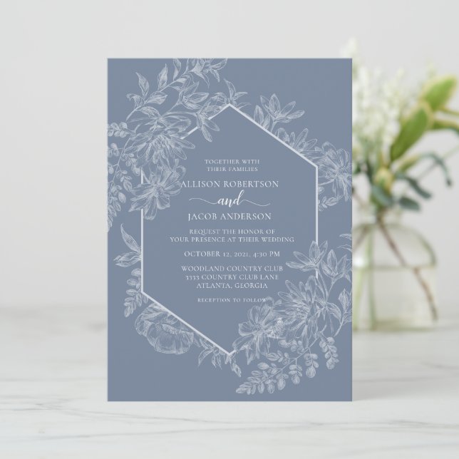 Invitación Elegante Boda floral azul y blanco (Anverso de pie)