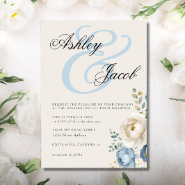 Invitación Elegante Boda floral azul y crema elegante