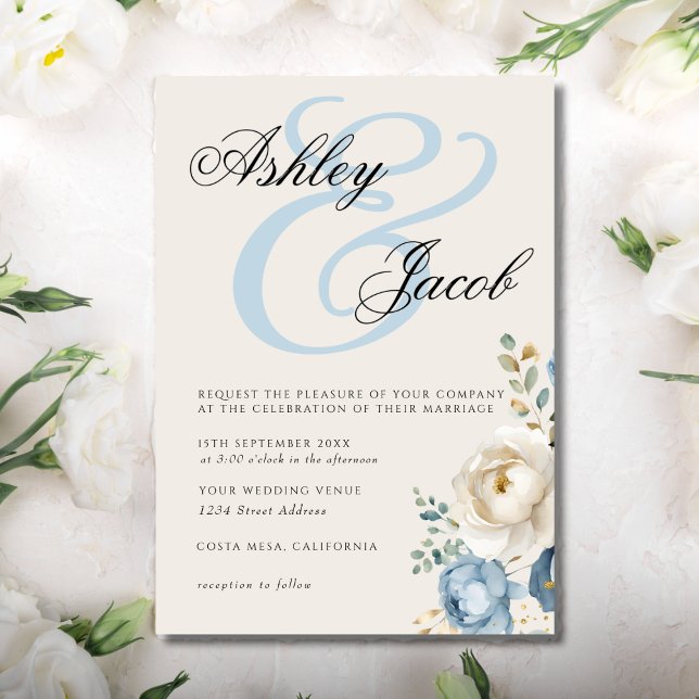 Invitación Elegante Boda floral azul y crema elegante (Subido por el creador)