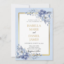 Invitación Elegante Boda Floral Azul y Dorado