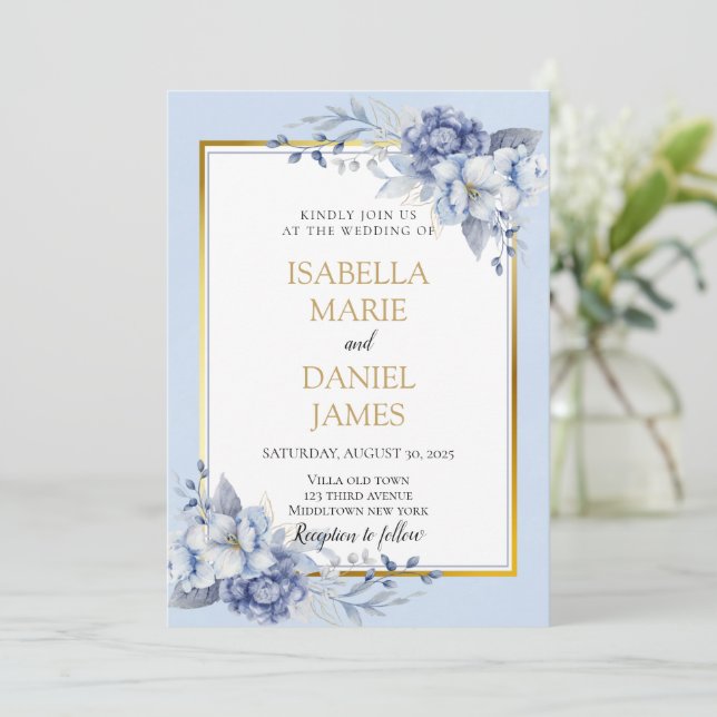 Invitación Elegante Boda Floral Azul y Dorado (Anverso de pie)