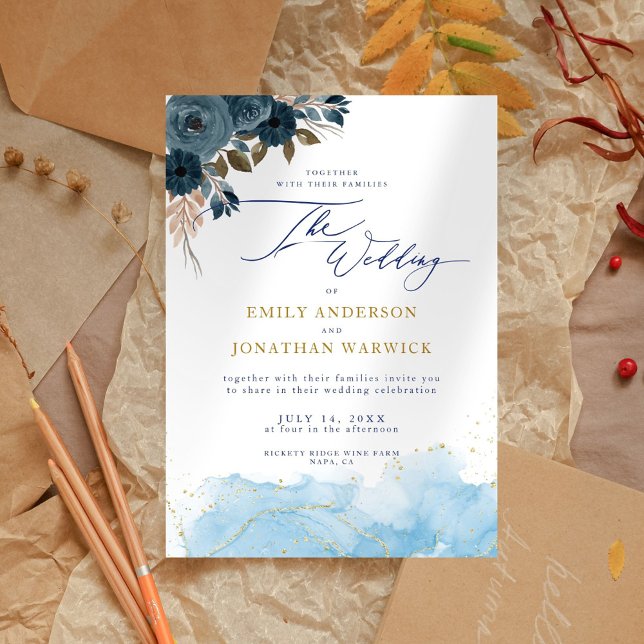 Invitación Elegante Boda floral azul y dorado de la Marina (Subido por el creador)