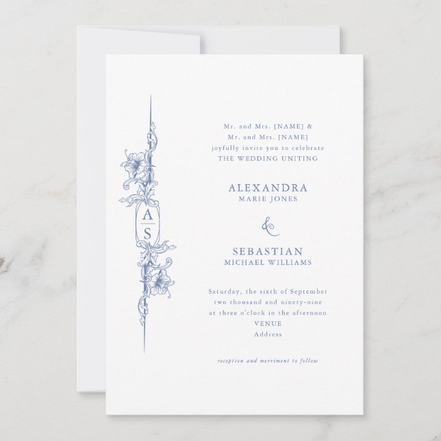 Invitación Elegante Boda floral barroco azul francés (Anverso)