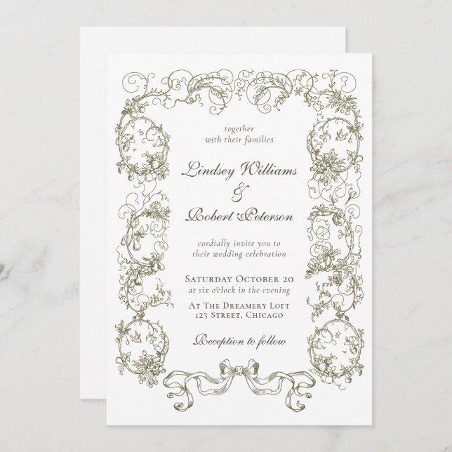 Invitación Elegante Boda floral beige blanco ornato (Anverso / Reverso)