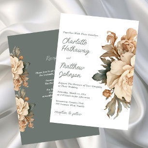 Invitación Elegante Boda Floral Beige con Verde Salvia