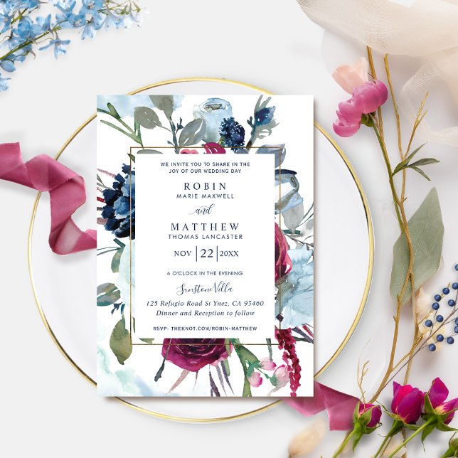 Invitación Elegante Boda floral Berry Blue Burgundy (Subido por el creador)