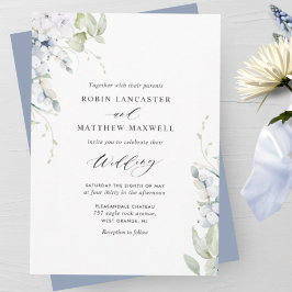Invitación Elegante Boda Floral Blanca Azul y Azul