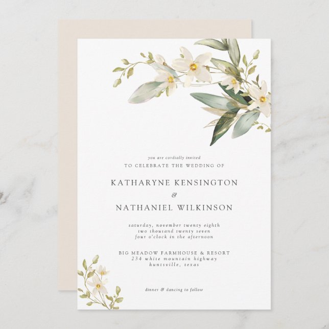 Invitación Elegante Boda floral blanca de vegetación (Anverso / Reverso)