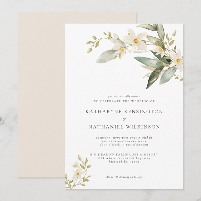 Invitación Elegante Boda floral blanca de vegetación (Anverso / Reverso)