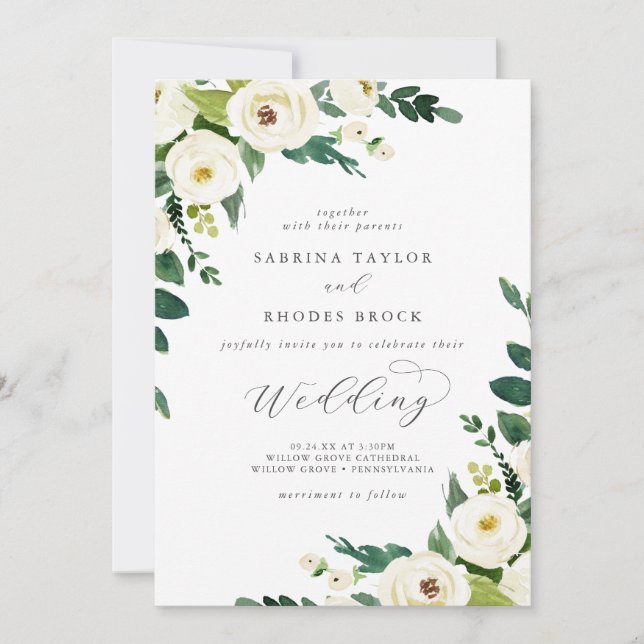 Invitación Elegante Boda floral blanco (Anverso)