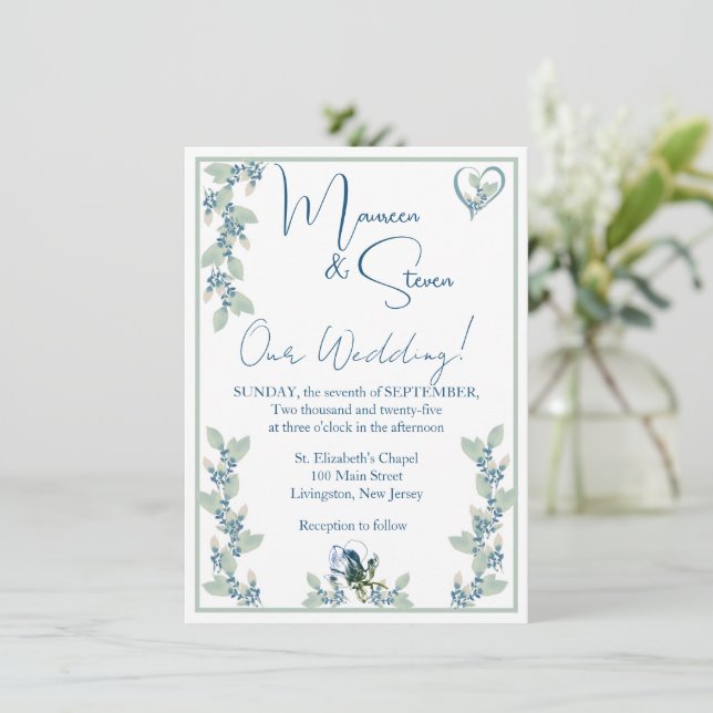 Invitación Elegante Boda floral blanco, azul y verde (Anverso de pie)