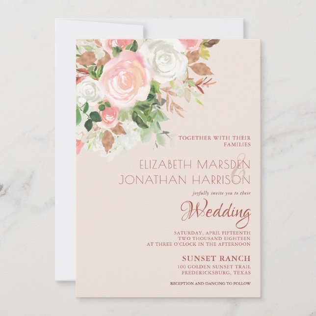 Invitación Elegante Boda floral blanco de champán rosa Rubor (Anverso)