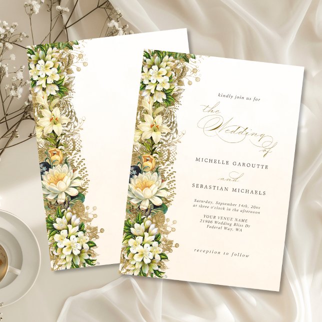 Invitación Elegante Boda floral blanco dorado (Elegant Gold White Floral Wedding Invitation)