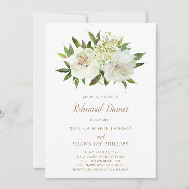 Invitación Elegante Boda floral blanco dorado para la cena (Anverso)