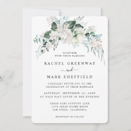 Invitación Elegante Boda Floral Blanco Dusty Blue Greenery