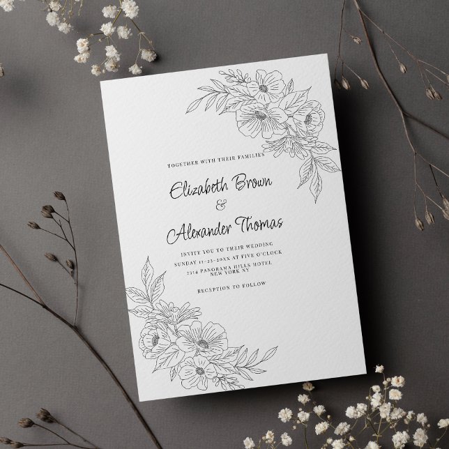 Invitación Elegante boda floral blanco negro (Elegant simple black white floral wedding )