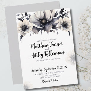 Invitación Elegante Boda floral blanco negro de moda