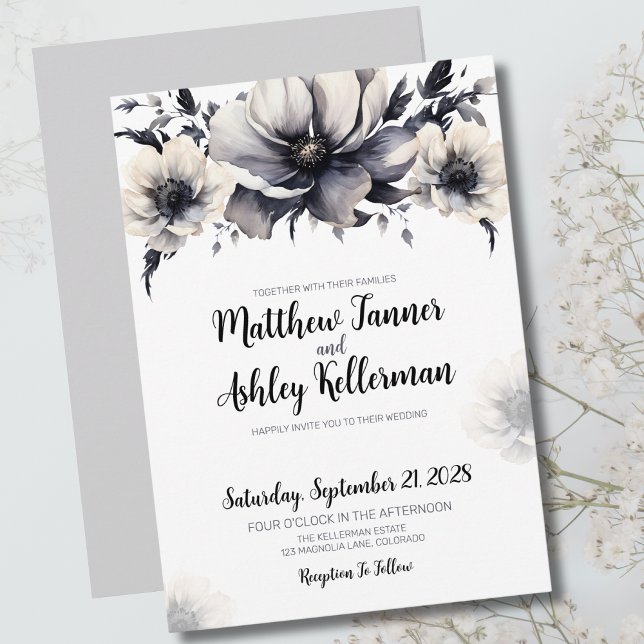Invitación Elegante Boda floral blanco negro de moda (Trendy Black White Floral Elegant Wedding Invitation)