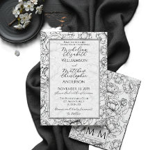 Elegante Boda Floral Blanco Negro Dibujado a Mano 