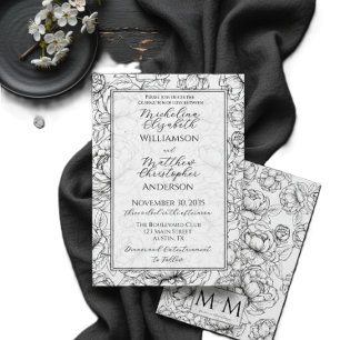 Invitación Elegante Boda Floral Blanco Negro Dibujado a Mano 