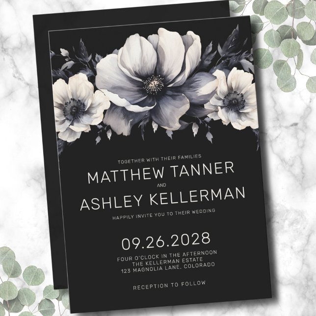 Invitación Elegante Boda floral blanco negro moderno (Elegant Modern Black White Floral Wedding Invitation)
