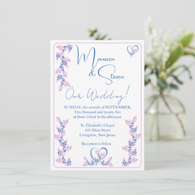 Invitación Elegante Boda floral blanco, rosa y azul (Anverso de pie)