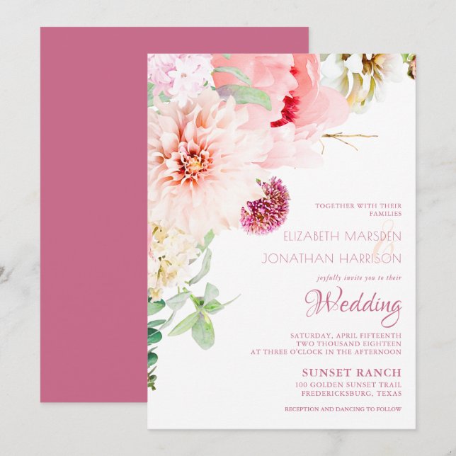 Invitación Elegante Boda floral blanco rosado Peony de Rubor  (Anverso / Reverso)