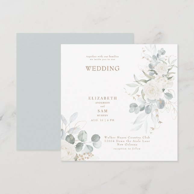 Invitación Elegante Boda floral blanco sabio cuadrado (Anverso / Reverso)