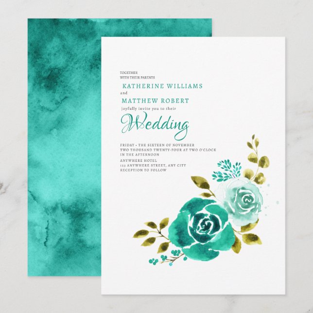 Invitación Elegante Boda floral blanco Verde azulado (Anverso / Reverso)